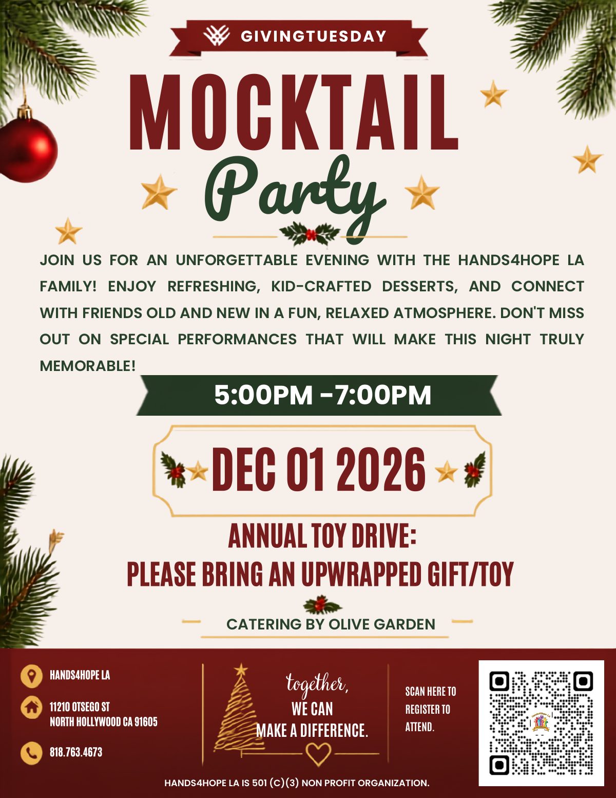 GivingTuesday Mocktail Party flyer. December 1, 2026, 5:00 to 7:00 pm, 11210 Otsego Street, North Hollywood. Annual toy drive, please bring an unwrapped gift or toy. Catering by Olive Garden.