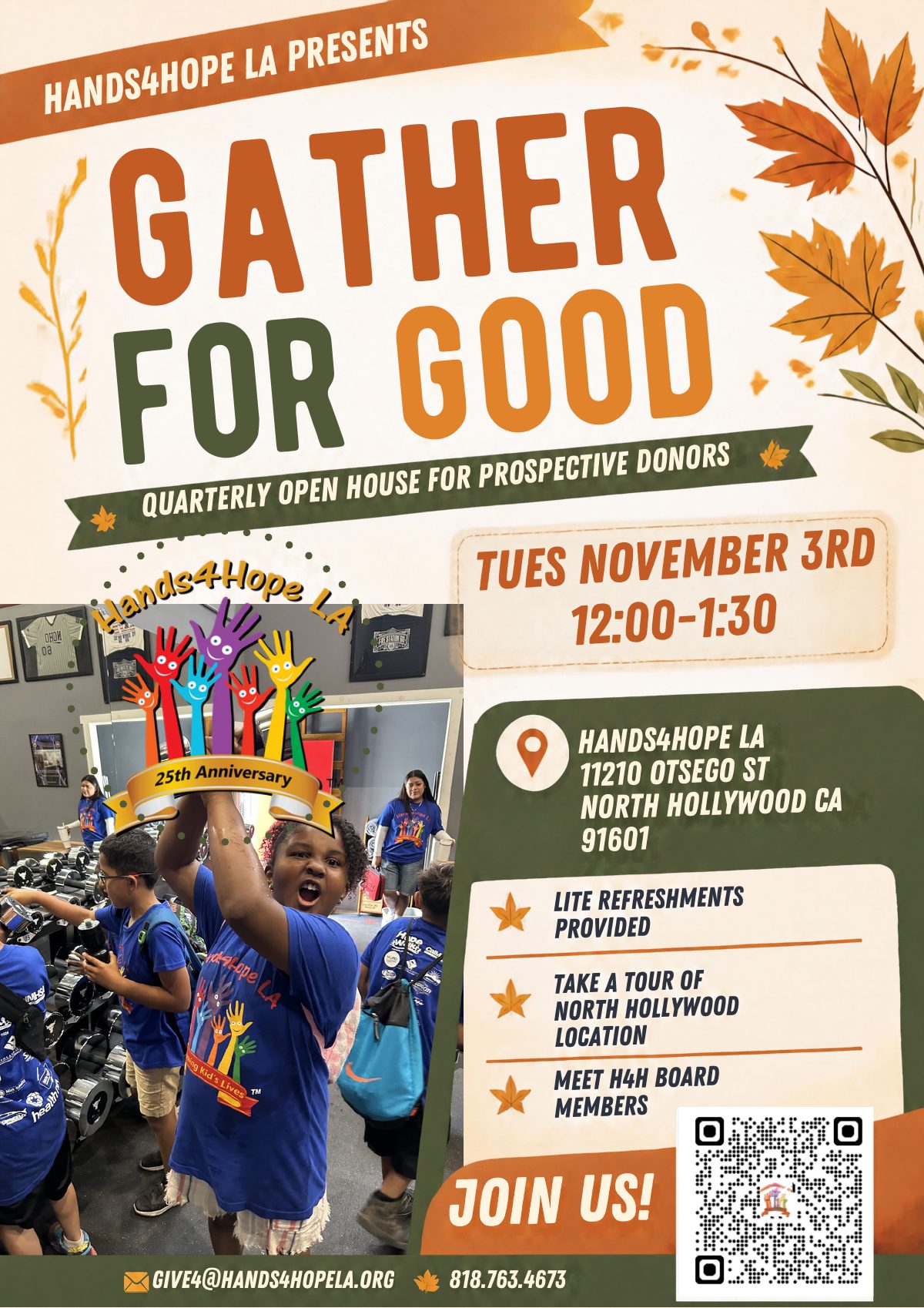 Gather for Good flyer. Quarterly open house for prospective donors, Tuesday November 3, 12:00 to 1:30 pm, 11210 Otsego Street, North Hollywood. Light refreshments, tour, meet H4H board members.
